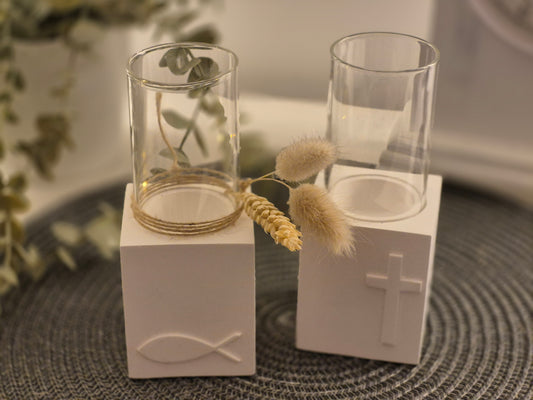 Kerzenhalter mit Fisch oder Kreuz eckig für Windlichtglas, Teelicht oder Stabkerze